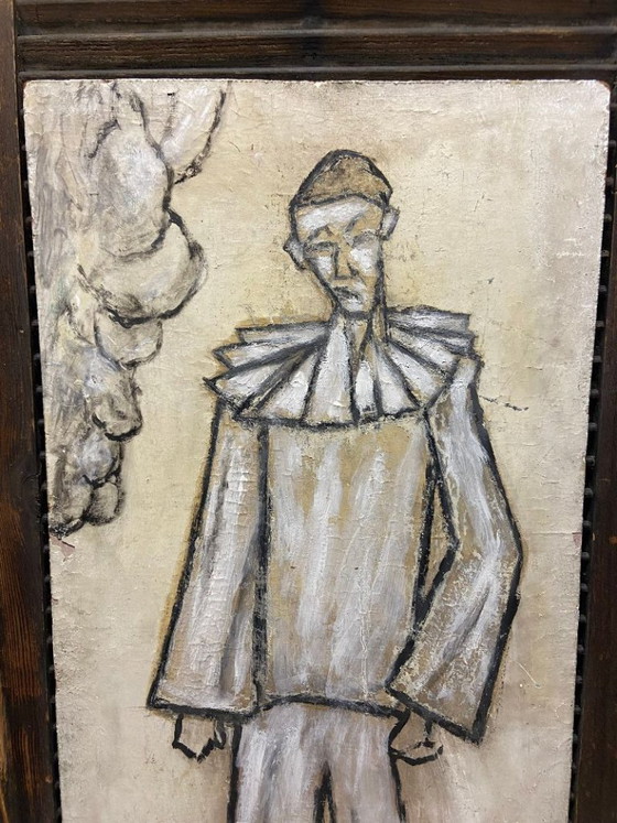 Image 1 of Antique Painting on Wooden Panel, Clown in the Style of Bernard Buffet, Double-Sided