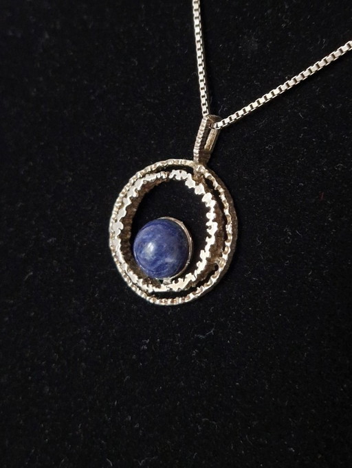 Zilveren brutalistische Deense hanger met lapis lazuli met bijpassend collier
