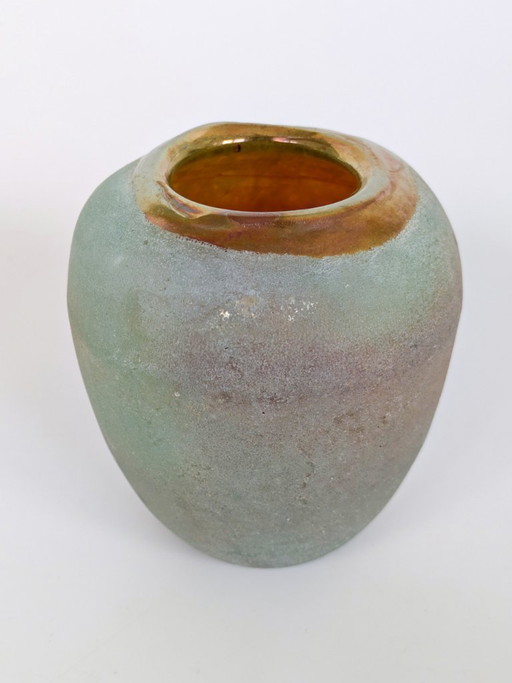 Heavy Mouth-Blown Art Glass Vase, Carnival-Style Gold Iridescence, Matte Sandblasted Finish – vazen, Vintage (photo 2 of 17)