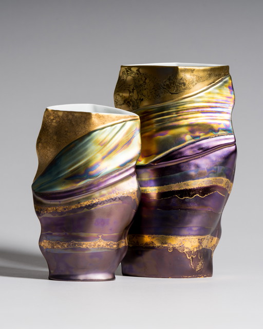 Porcelain Vase Duo by Johan van Loon × Helmut Drexler for Rosenthal Studio Linie Hand-painted Eosin-glazed 