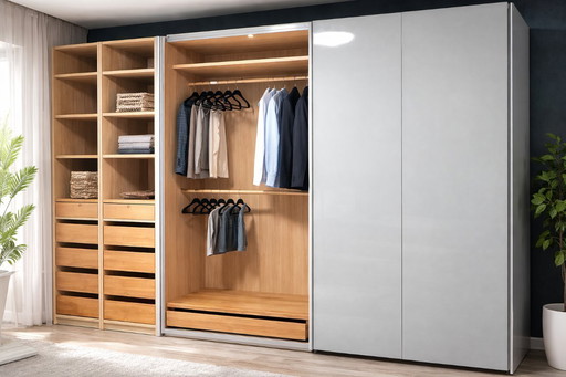 Großer IKEA PAX Kleiderschrank, 3 m – graue Schiebetüren – zahlreiche Schubladen