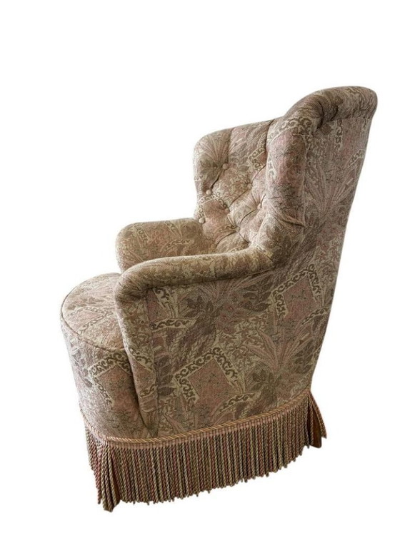Image 1 of Fauteuil vintage rose clair à motifs floraux / une place avec franges