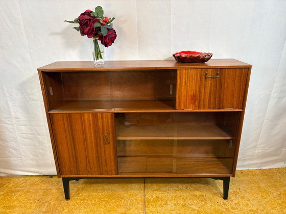 Image 1 of Mid-Century Retro Vintage Teak Sideboard / Bookcase / Display Cabinet by Nathan Furniture 1960s  Sliding Glass Doors • Bureau Fl