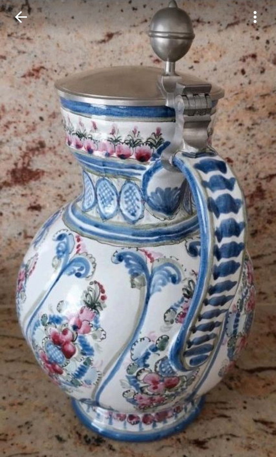 Image 1 of Keck keramische kan met tinnen deksel, handbeschilderd, cranberrymotief