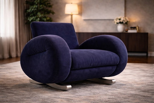 Bretz (Allemagne) — Fauteuil à bascule — Revêtement en velours bleu — Années 1980 — Icône du salon