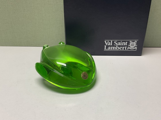 Image 1 of crystal green frog paperweight / Val Saint Lambert, designed by Katherine de Sousa.