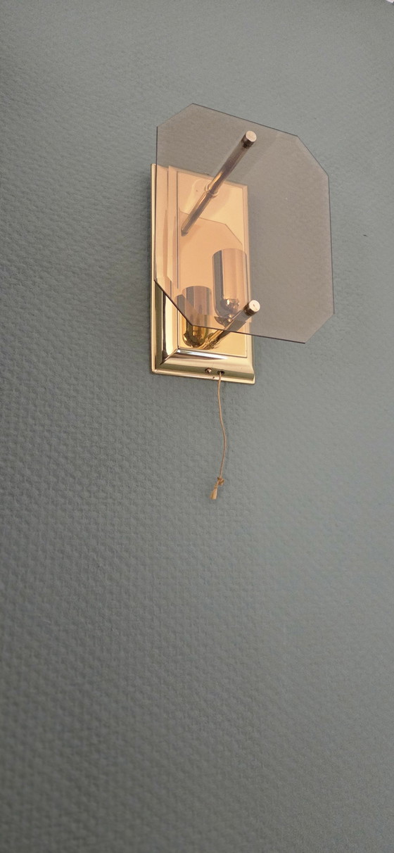 Image 1 of Sölken-Leuchten Hollywood Regency wandlampen – Set van 2 – Messing & Rookglas