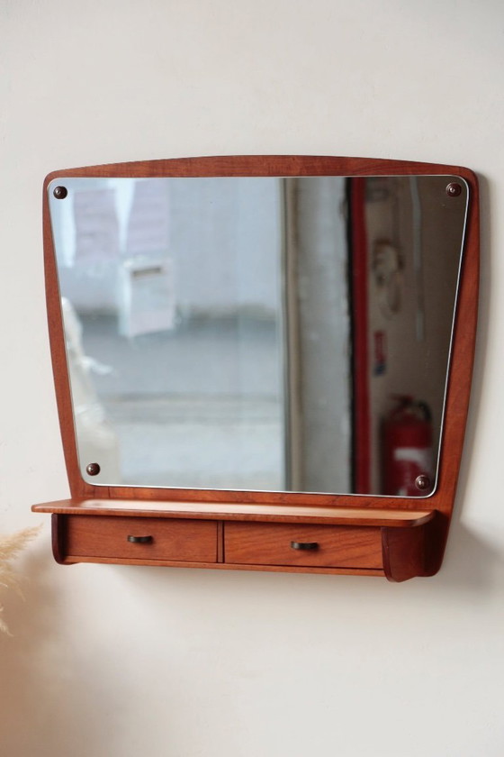 Image 1 of Scandinavian Teak Wall Mirror with Drawers – Mid-Century Danish Design