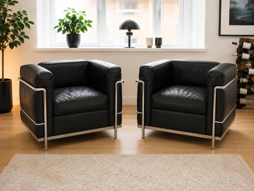 Ensemble : 2 fauteuils Cassina LC2 d'origine – Le Corbusier – Cuir véritable – Leather