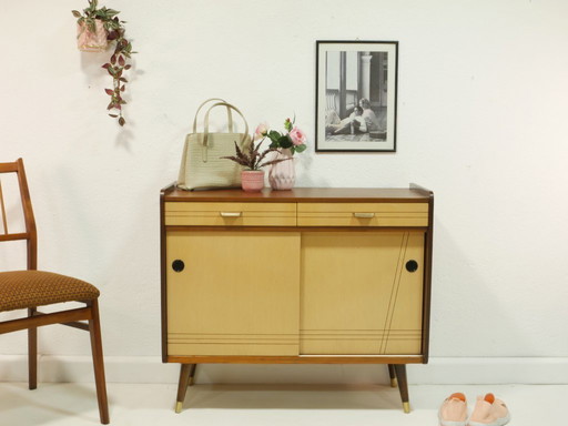Vintage 1960s shoe cabinet, mid-century shoe chest, mahogany & birch, sliding doors, Germany
