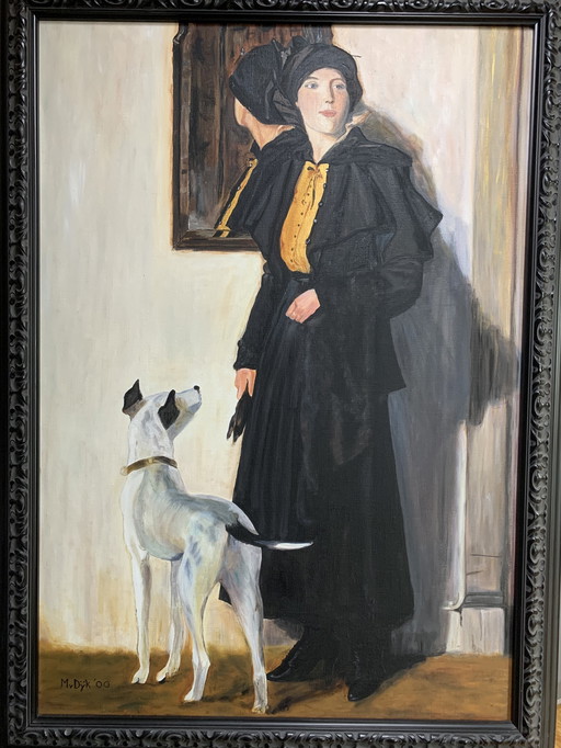 Woman with dog oil on linen