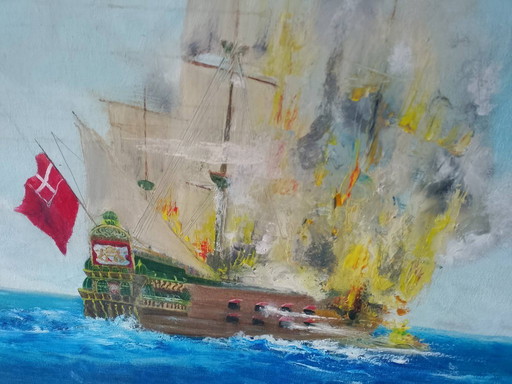 Groot olieverfschilderij op canvas, Zeeslag, gesigneerd