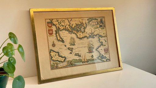 CARTE Marine OCEAN Atlantique Vintage ENCADREMENT Feuille d'Or