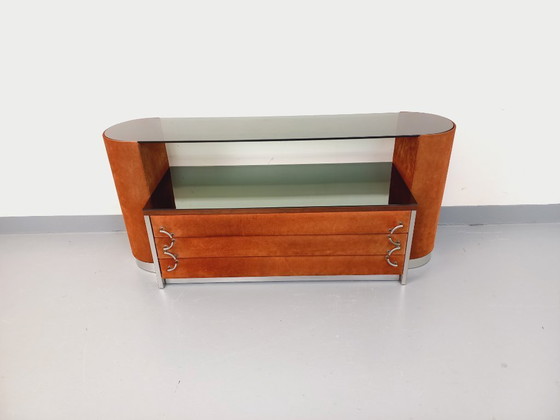 Image 1 of Coiffeuse vintage design italien en velours suédine, chrome, verre fumé et miroir des années 70 80