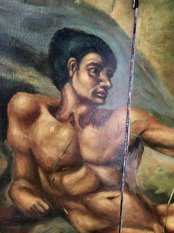 Image 1 of Zeldzaam handgeschilderd Art Deco kamerscherm – in de stijl van Michelangelo’s “Schepping van Adam” (ca. 1920–1935)