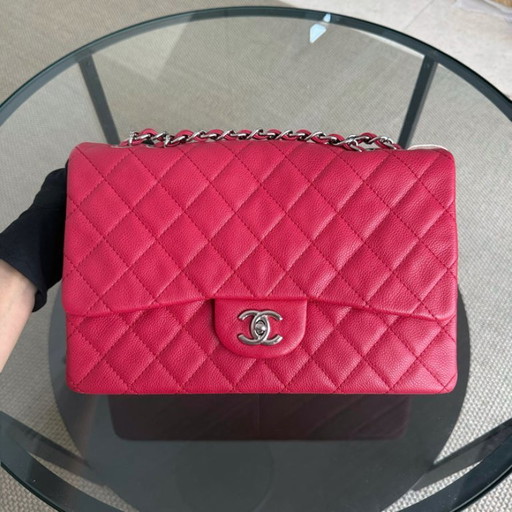 Borsa Chanel Classic Flap Jumbo - Caviar 30cm Single Flap Trapuntata Rosa Rosso Argento Hardware Serie 12