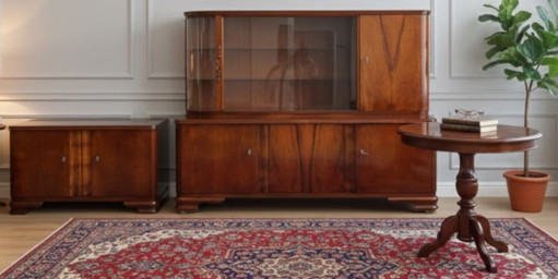 3-teiliges Nussbaum-Ensemble: Buffet, Rundtisch & Kommode – 1950er - 1960er