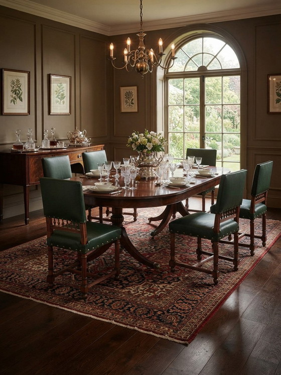 Vintage Dining Chairs in Deep Green with Brass Studs and Spindle Backrest, Set of 6 – Wood (photo 2 of 6)