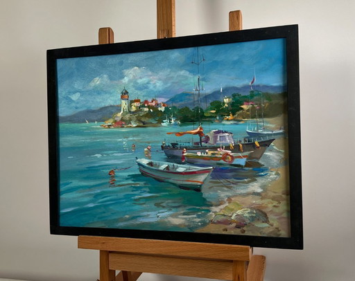 Original Oil Painting Summer Coastal Landscape Boats and lighthouse