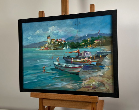 Image 1 of Original Oil Painting Summer Coastal Landscape Boats and lighthouse