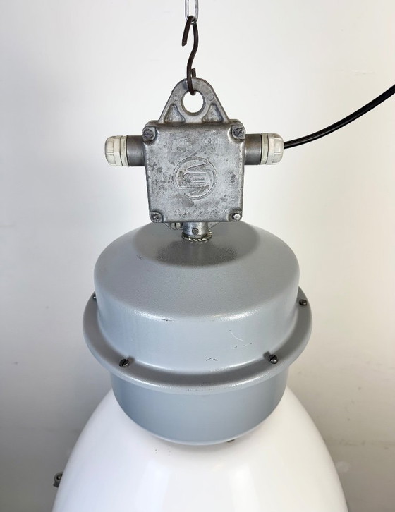 Image 1 of Große weiße Emaille-Industrielampe mit Klarglasabdeckung von Elektrosvit