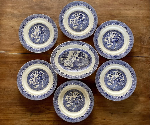Servicio de Willow Barrett's de Staffordshire, años 70, decoración japonesa en azul y blanco