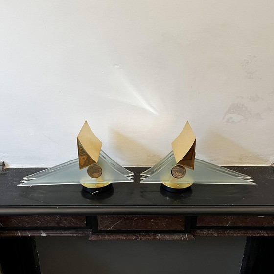 Hollywood Regency Wandlampen in vergulde messing voetstukken, 1970, Set van 2 – Metal, Glass, Art Deco (photo 5 of 15)