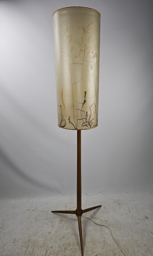 Floor Lamp With Tripod And High Shade With Plant Motif