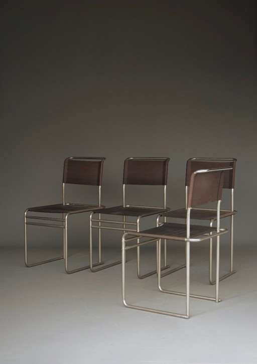 Sedie da pranzo B40 in acciaio tubolare nichelato e tessuto Eisengarn di Marcel Breuer per Tecta, anni '80. Set di 4