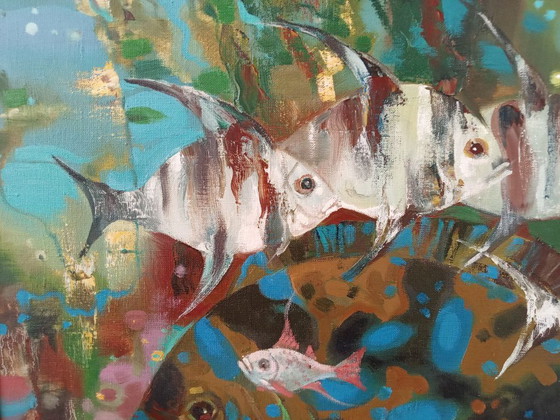 Origineel Olieverfschilderij Abstracte Onderwaterwereld Grote Vis – Schilderijen & Tekeningen, Canvas (photo 4 of 8)