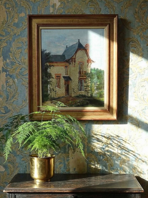 Grand tableau "Villa Camille" ancien années 40-60 huile sur toile signé M.Lesoll
