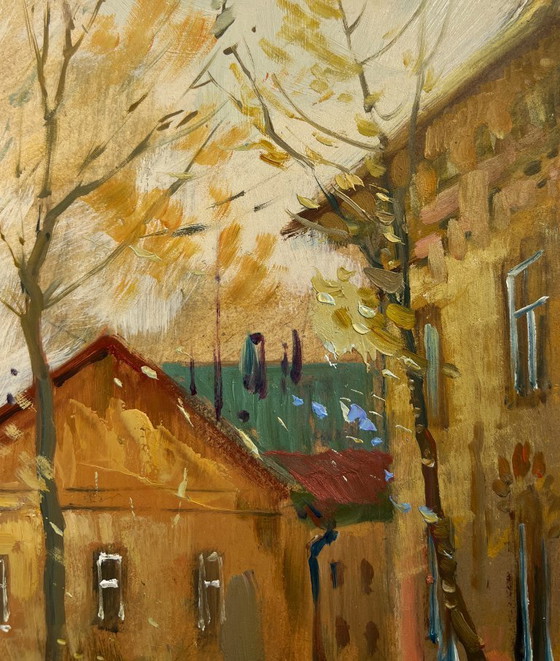 Image 1 of Pintura al óleo original Paisaje urbano otoñal Reflejos del otoño