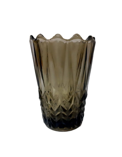 Vintage verzierte Vase aus rauchgrünem Glas