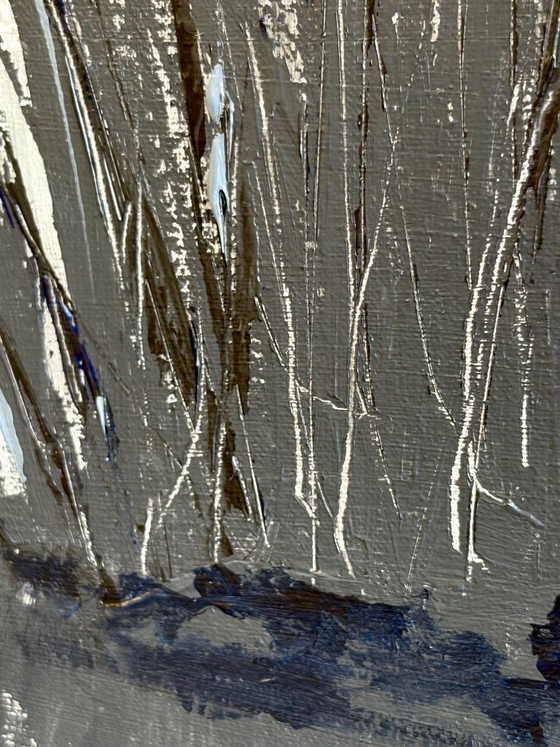 Image 1 of Large, serene landscape with mist, water, and reeds | title: 1103 | 80 x 80 cm