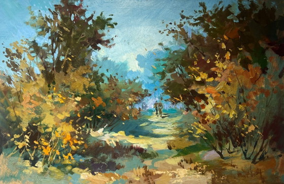 Image 1 of Peinture à l'huile originale, paysage forestier d'automne, promenade en forêt d'automne