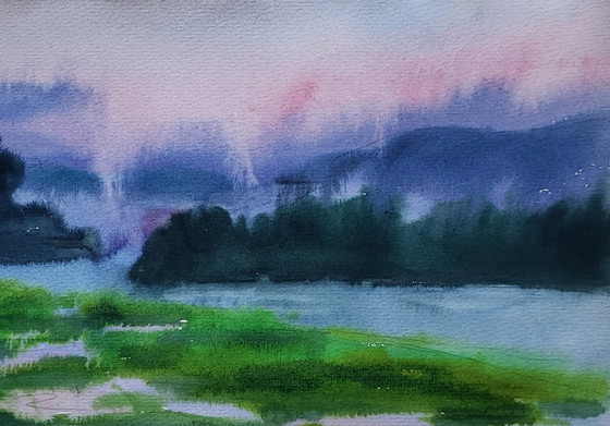 Original Watercolor Painting Nature Landscape Meadow Morning Fog – Paintings & Drawings, Paper (photo 5 of 7)