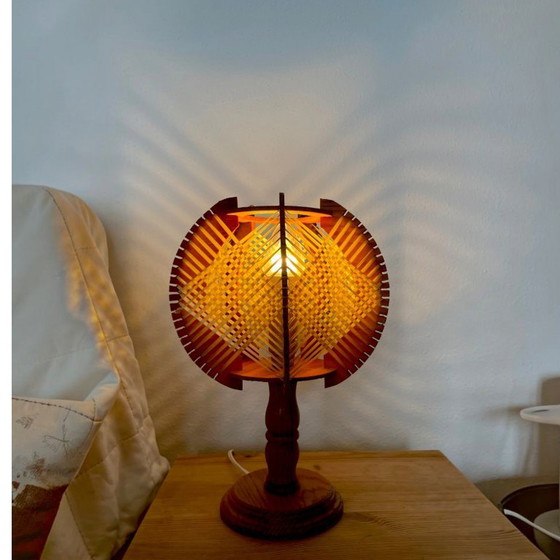 Image 1 of Lampes de table en bois et paille, style campagnard portugais, années 1960, lot de 2