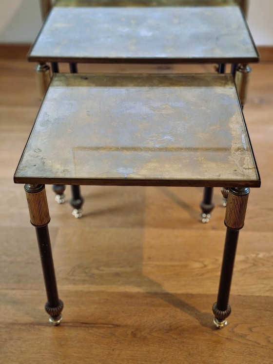 Image 1 of Vintage Maison Jansen style table nest in bronze and Verre Églomisé