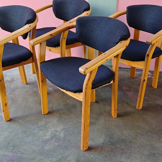 Set of 4 wooden dining chairs with dark blue upholstery, Textile, Brown, Scandinavian (photo 3 of 7)