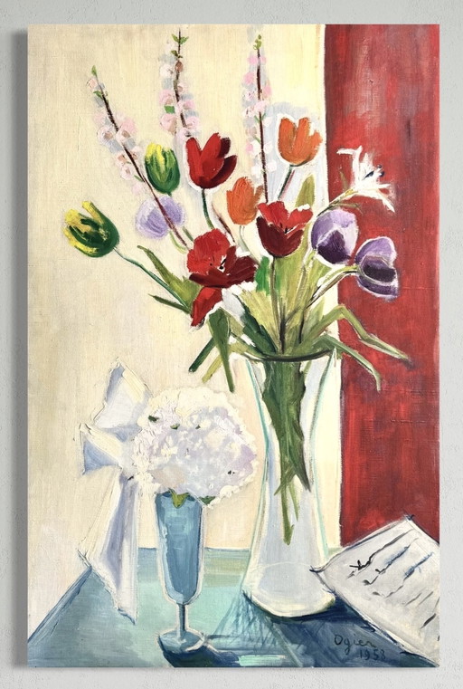 Marie Louise Ogier - Magnificent painting from 1958 - Bouquet of tulips