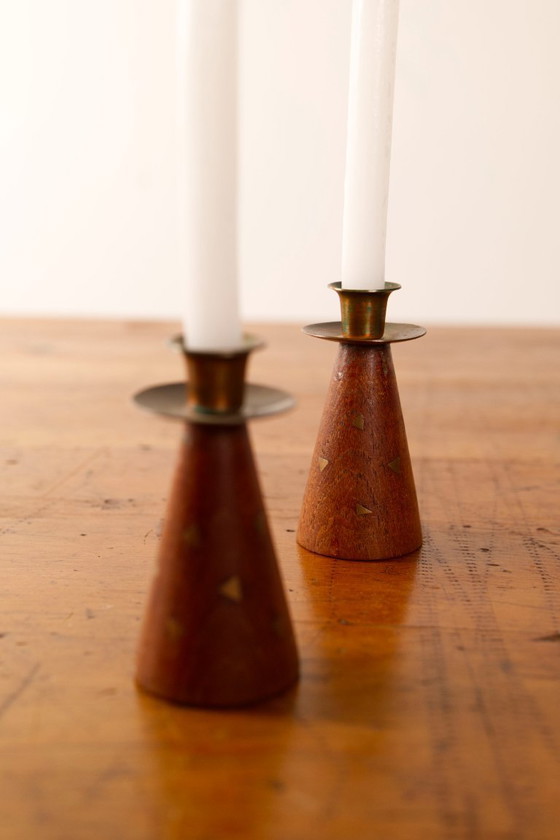 Image 1 of 2x Vintage Small teak and brass triangle inlay candle sticks