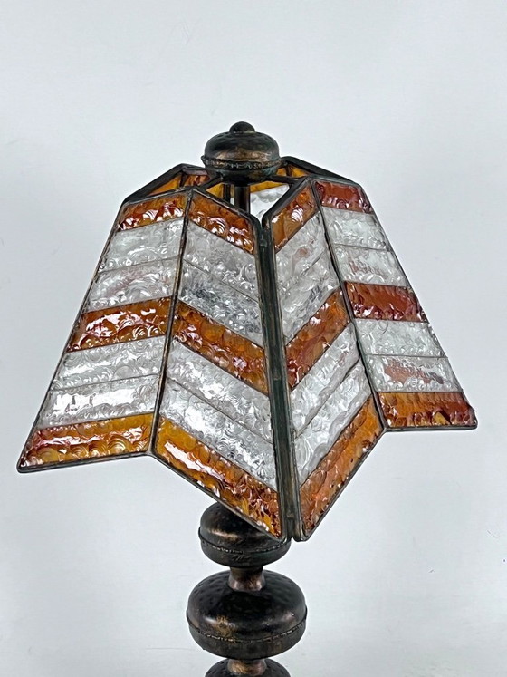 Image 1 of Monumentale, brutalistische Tischleuchte aus dickem Glas und Metall von Longobard. Italien, 1970er Jahre.