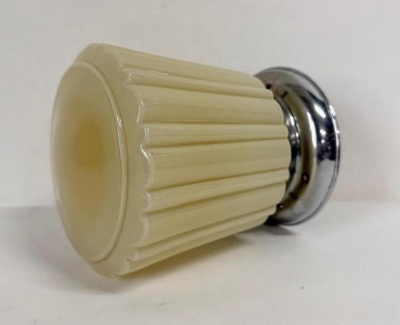 Image 1 of Vintage Geribbeld Crème Plafondlamp Art Deco Nikkel Armatuur