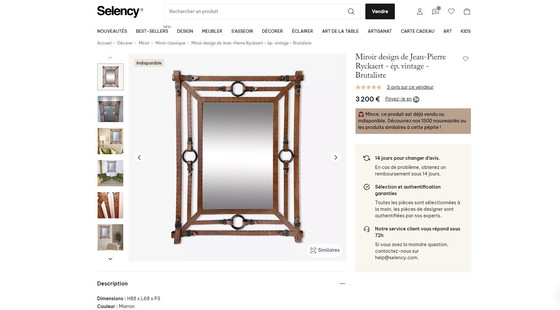 Image 1 of Iconic Large Mirror 1960's Design Jean-Pierre Ryckaert en Métal Façon Cuir Sellier à Surpiqures