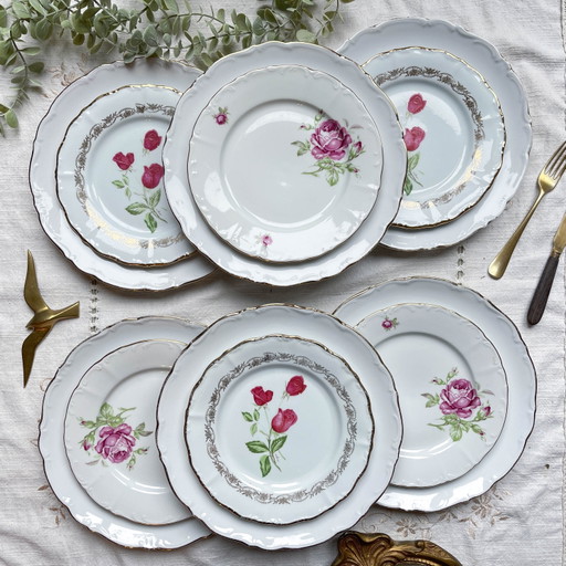 6 Vintage White Gilded Porcelain Plates + 6 Mismatched Floral Small Plates