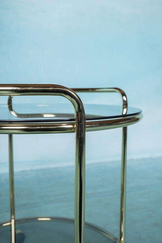 Image 1 of Vintage trolley brass & smoked glass Space age bar cart brass