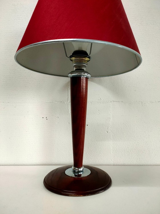 Lampe vintage Maison Lucien Gau (Variante personnalisée unique)., Bois, Chrome, Rouge (photo 4 sur 10)