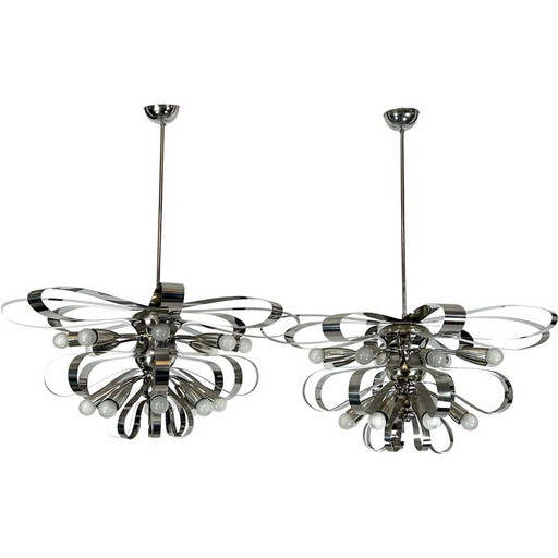 Pair of vintage chrome chandeliers, Italy 1970