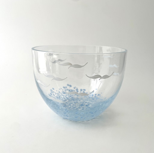 Vintage Lindshammar Blauw Glazen Schaal Handbeschilderd Vogels