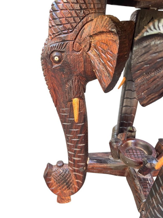 Image 1 of Unique wooden side table/flower stool with elephant head design and inlays ca. 1920-1930s